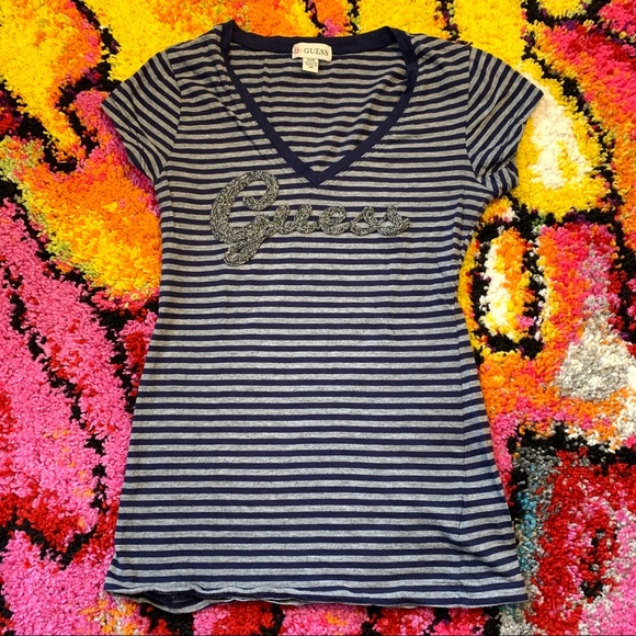 Guess Tops - GUESS🔻 Grey&Navy Striped V-Neck Logo Tee